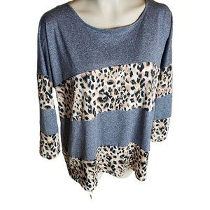 Doublju  XL Long Sleeve Shirt Grey and Leopard Mixed Print  Soft&Cozy